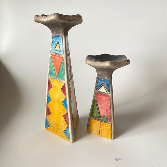 Vintage Raku Art Pottery Candlestick Holders, Set of 2 - Picture 7 of 14